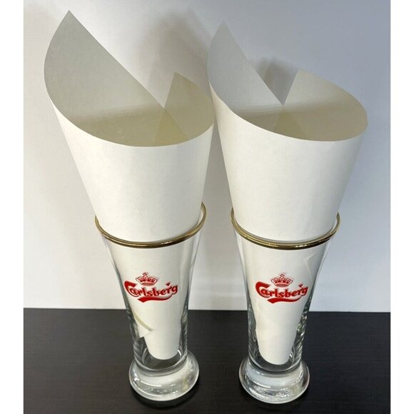 Vintage Danish Carlsberg Red Logo 16 oz Gold Rim  Beer Glasses Denmark set of 2 - Picture 6 of 6